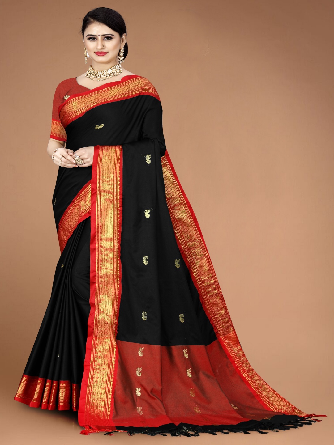

Moda Rapido Woven Design Zari Art Silk Paithani Saree, Black