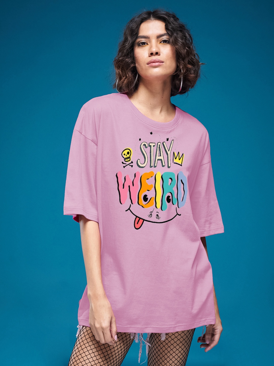 

SMARTEES Women Typography Printed Round Neck Cotton Oversized T-shirt, Pink