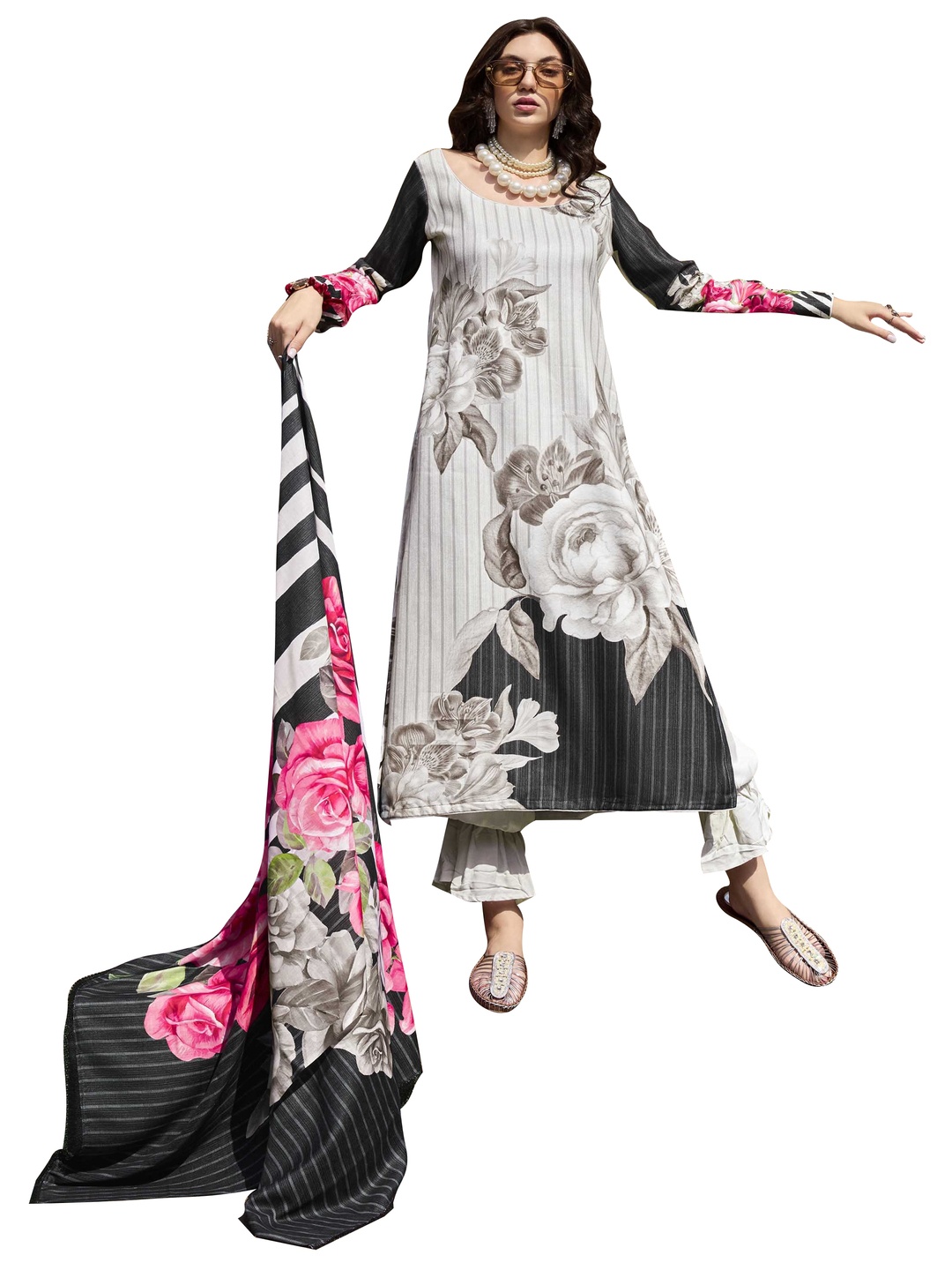 

DRAVINAM Trends Floral Printed Pashmina Unstitched Dress Material, Black