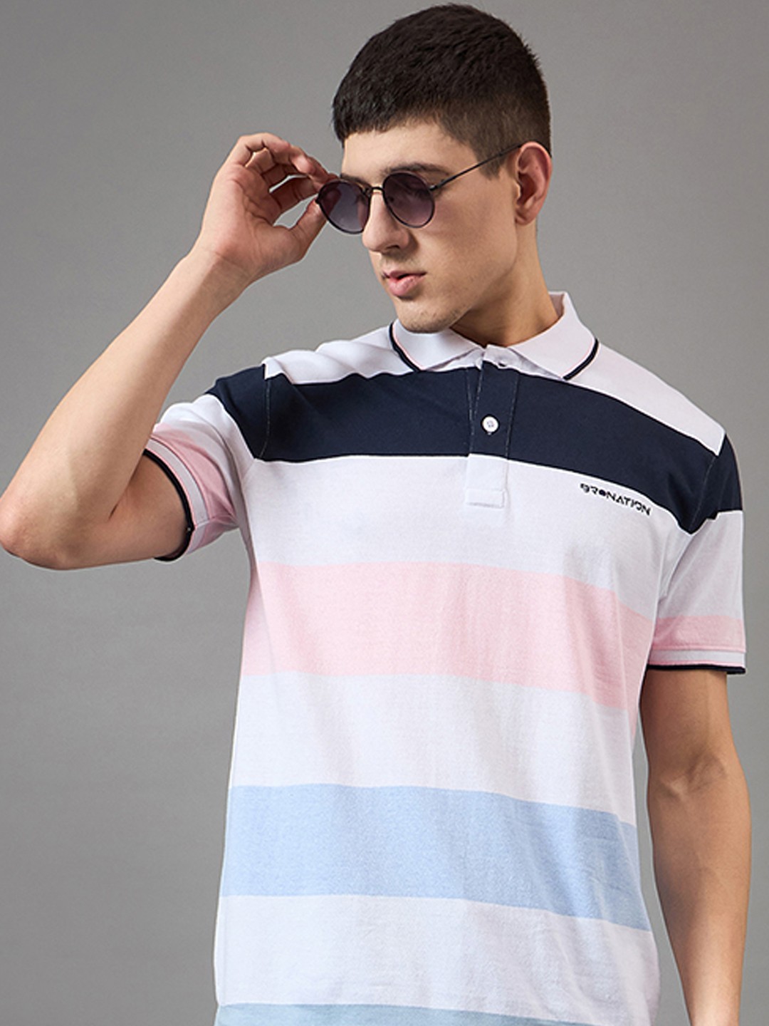 

BRONATION Men Striped Polo Collar Cotton T-shirt, White