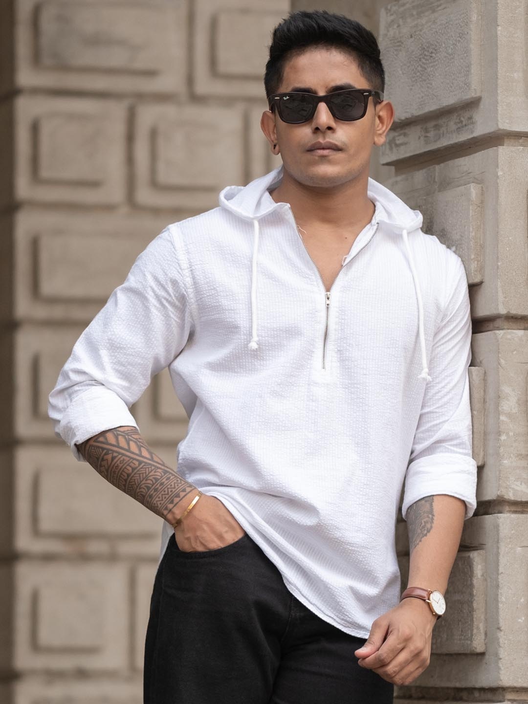 

Powerlook Men Textured Hooded Casual Shirt, White