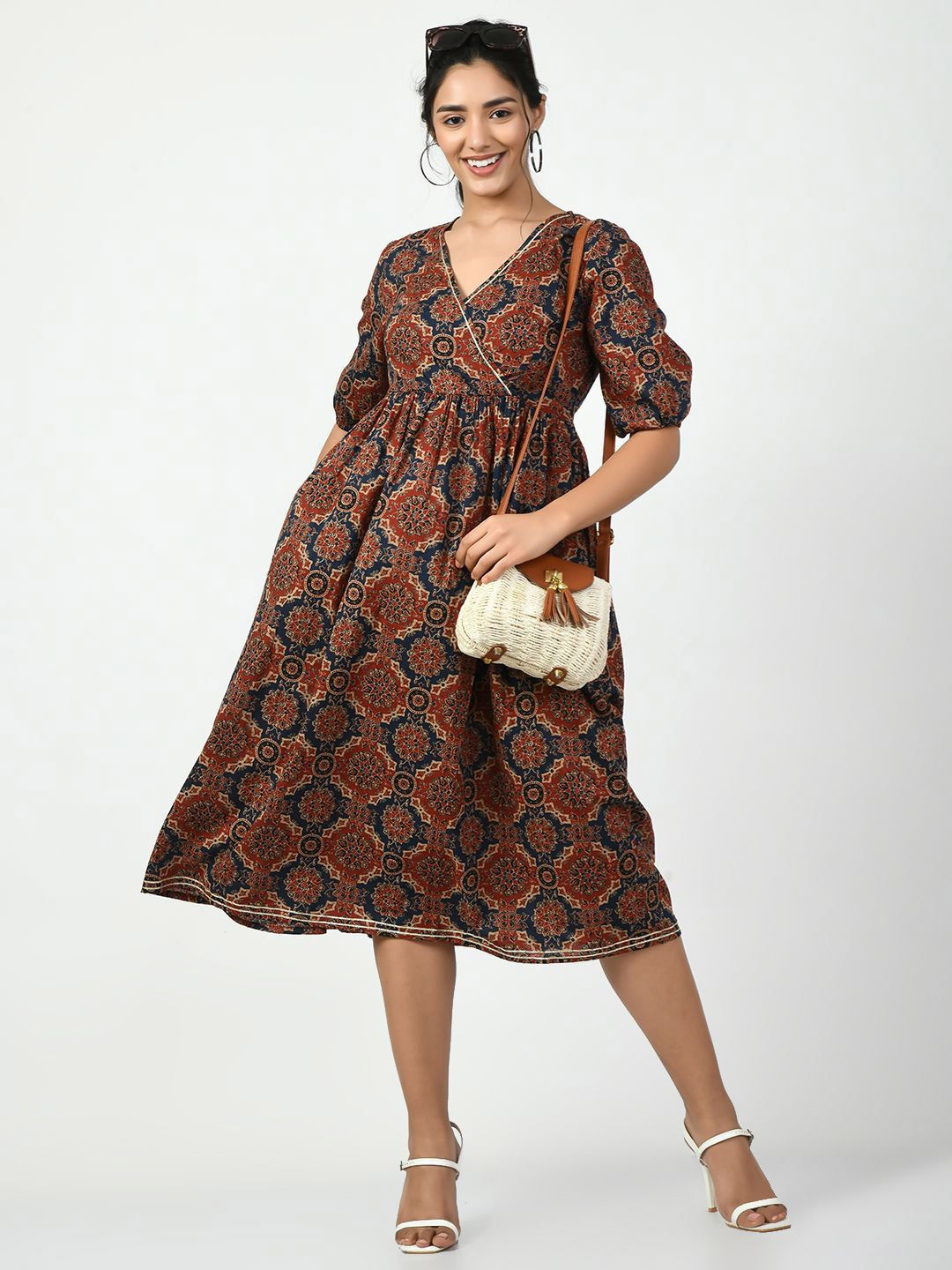 

KALINI Women Ethnic Motifs Printed Puff Sleeve Fit and Flare Dress, Rust