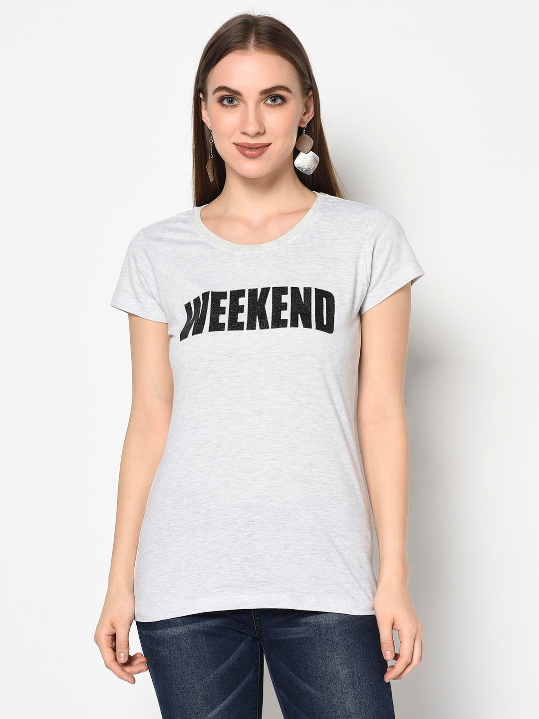 

Moda Rapido Women Typography Printed Round Neck Cotton T-shirt, Grey