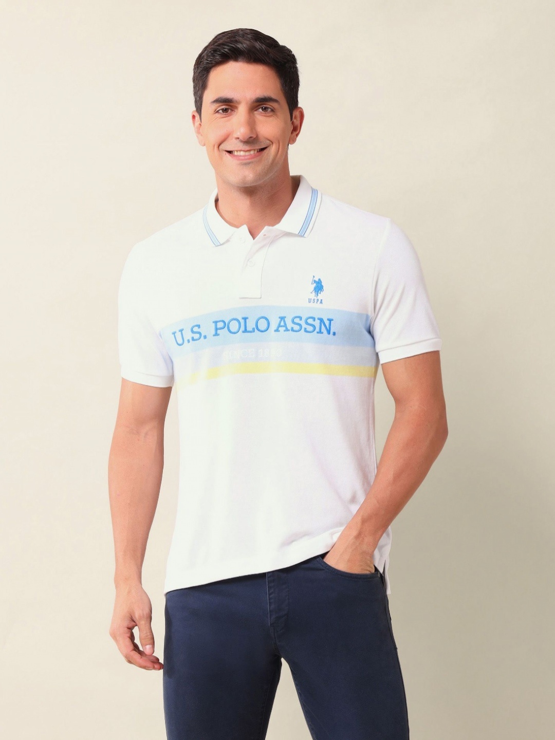 

U.S. Polo Assn. Men Typography Printed Polo Collar Cotton Slim Fit T-shirt, White