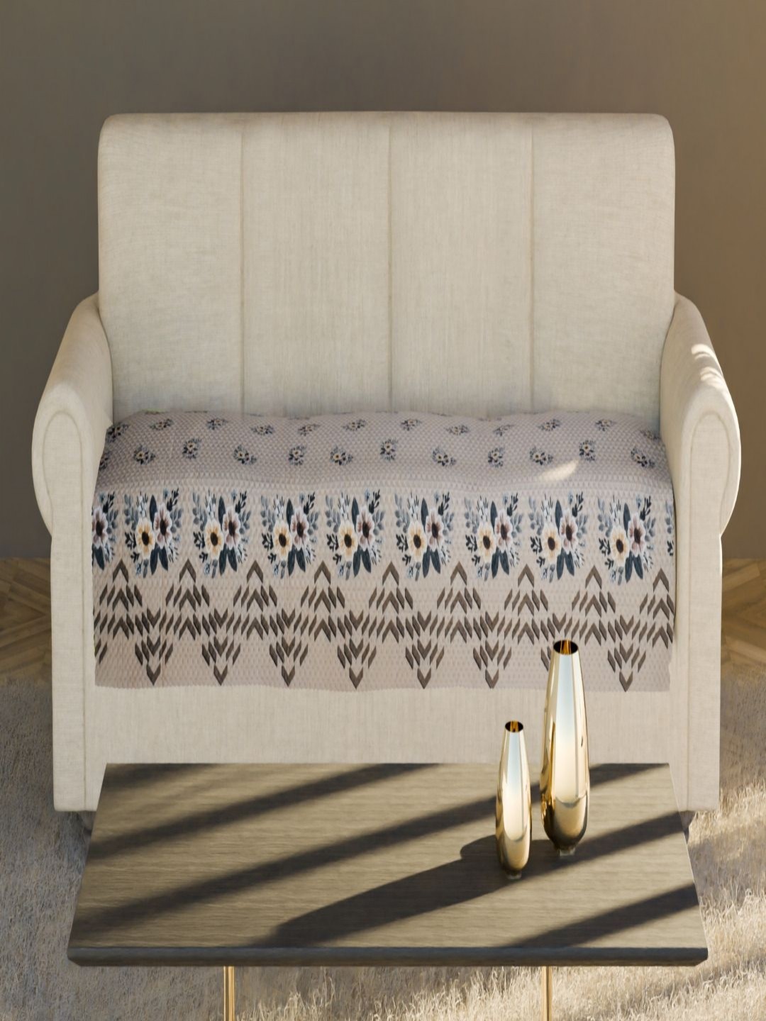 

Fashion Throw Beige & Grey Floral Printed Velvet 4 Seater Sofa Cover