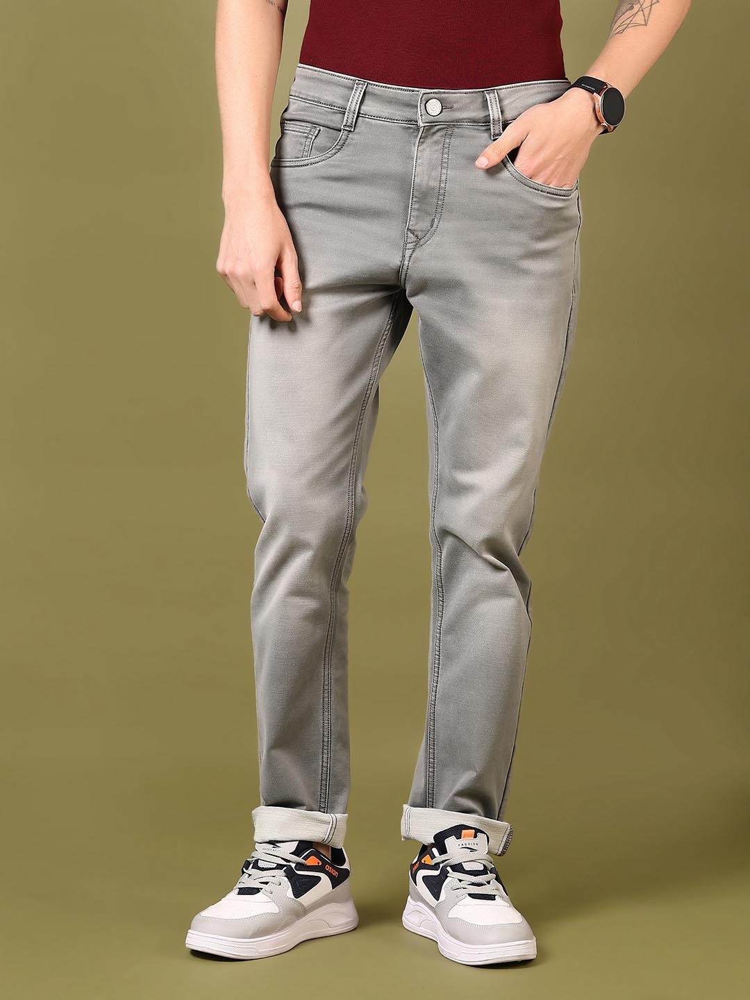 

V-Mart Men Cotton Knitted Denim Mid-Rise Light Fade Jeans, Grey