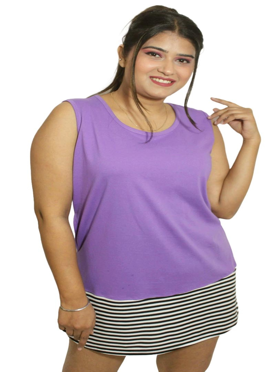 

PINK SHELL Women Striped Pockets T-shirt, Lavender