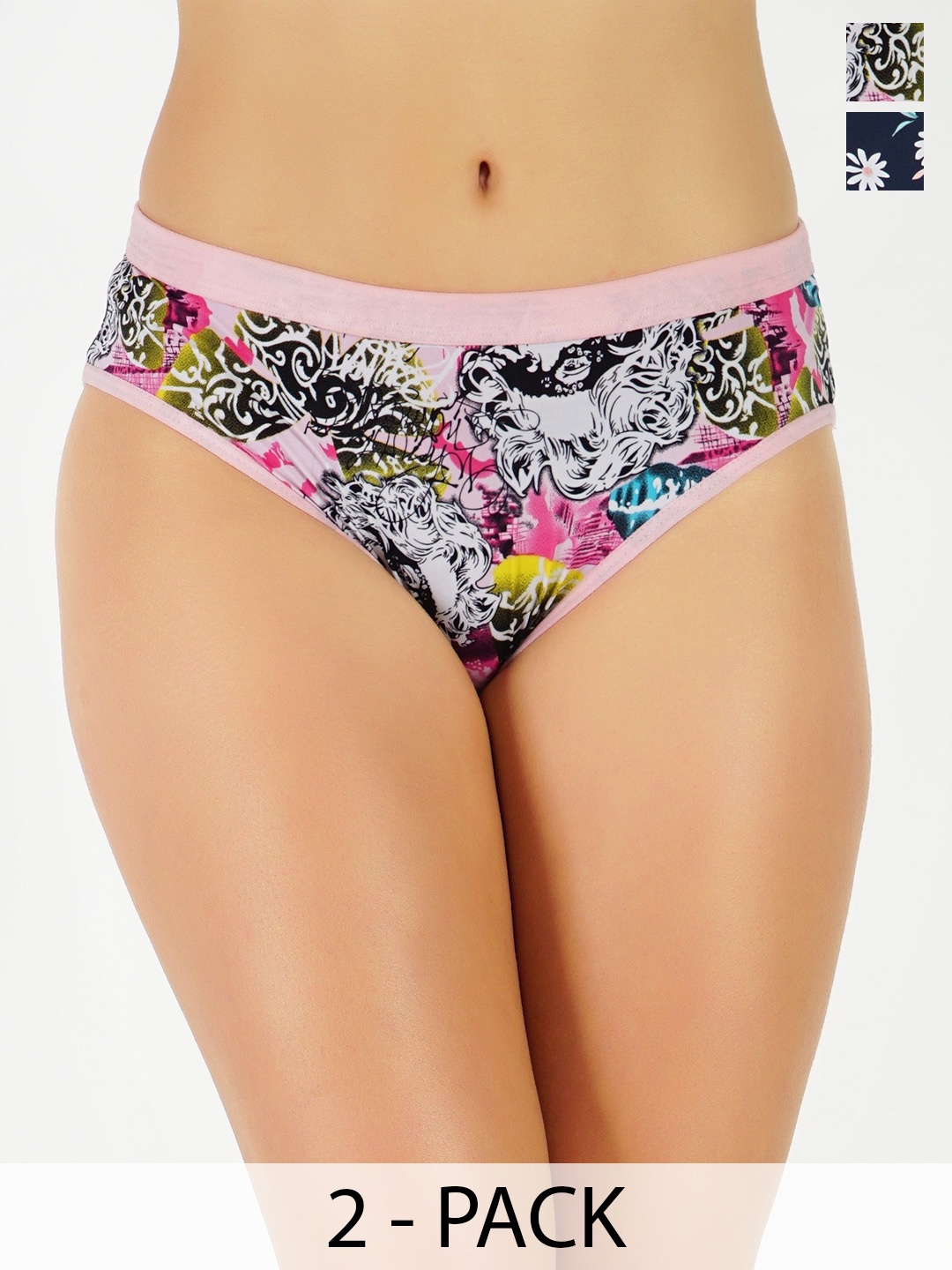 

GOTO Pack Of 2 Mid-Rise Bikini Briefs nylon lycraPrint outer elastic Blue Pink