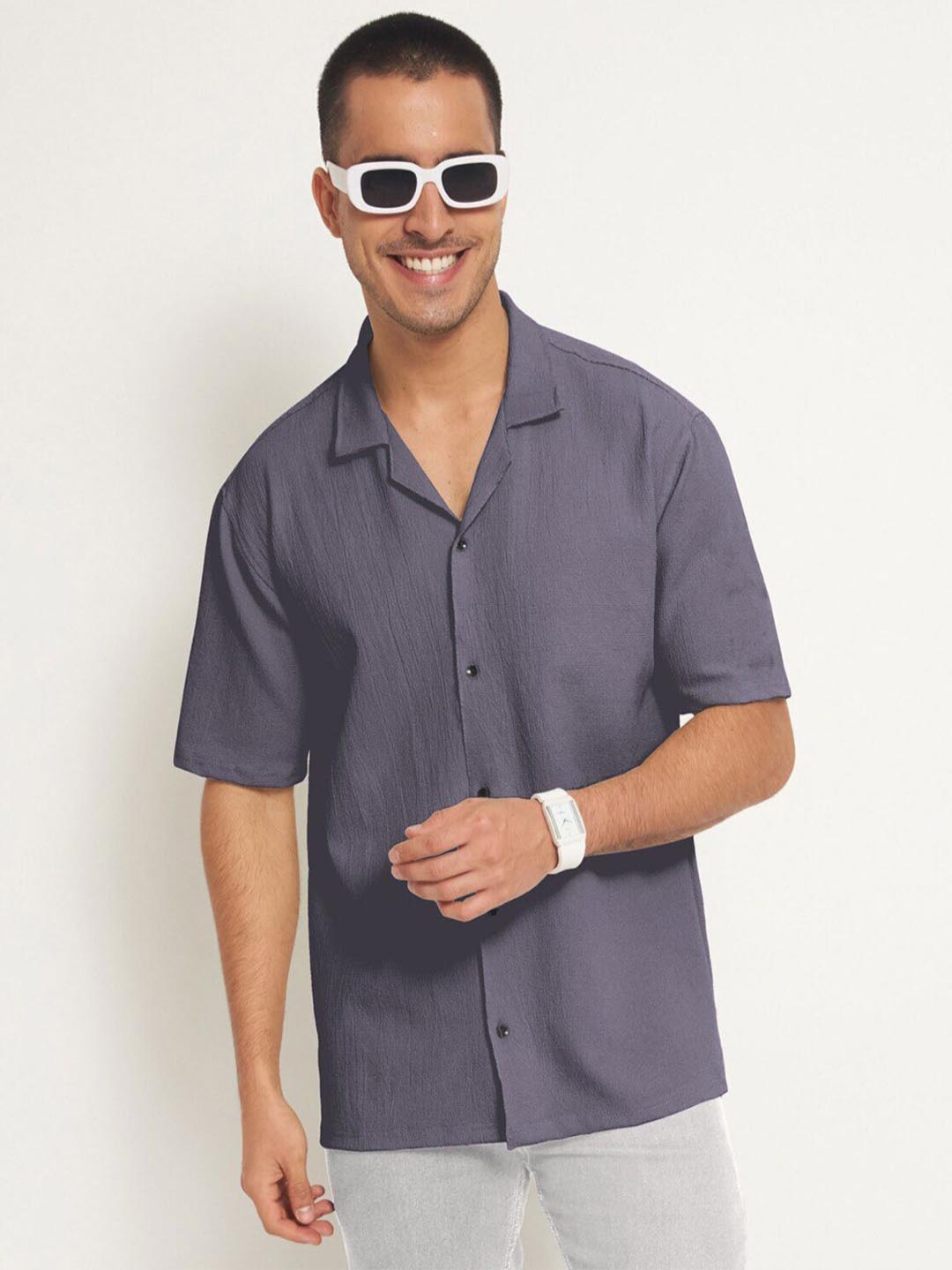 

Moda Rapido Men Relaxed Fit Cuban Collar Solid Casual Shirt, Grey
