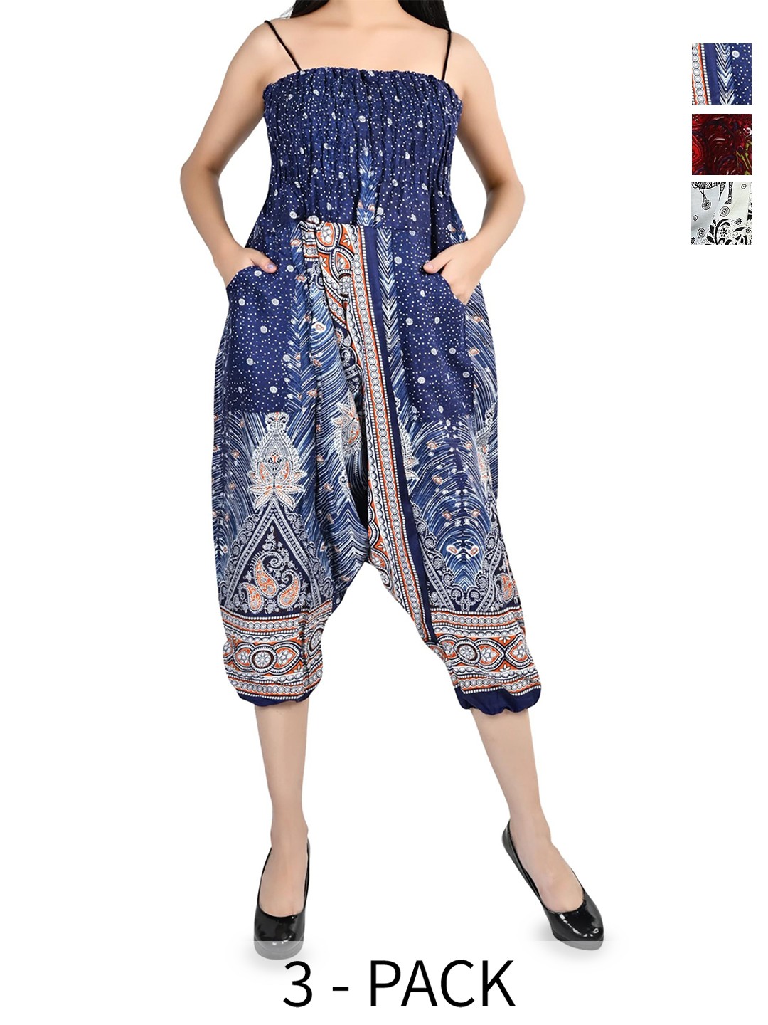 

NarNari Women Pack Of 3 Printed Mid-Rise Harem Pants, Blue