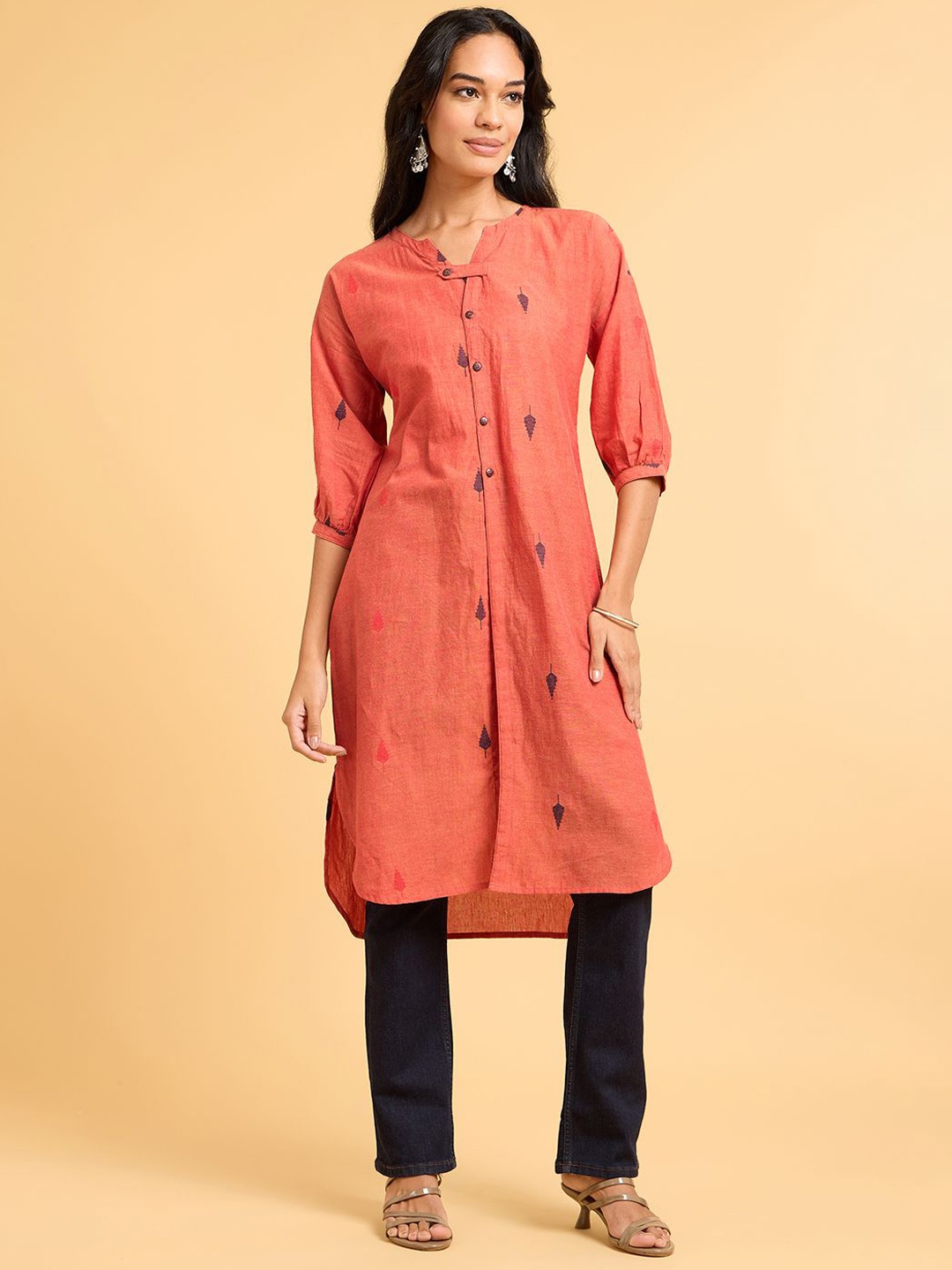 

Saaki Floral Embroidered V-Neck Cotton A-line Kurta, Rust