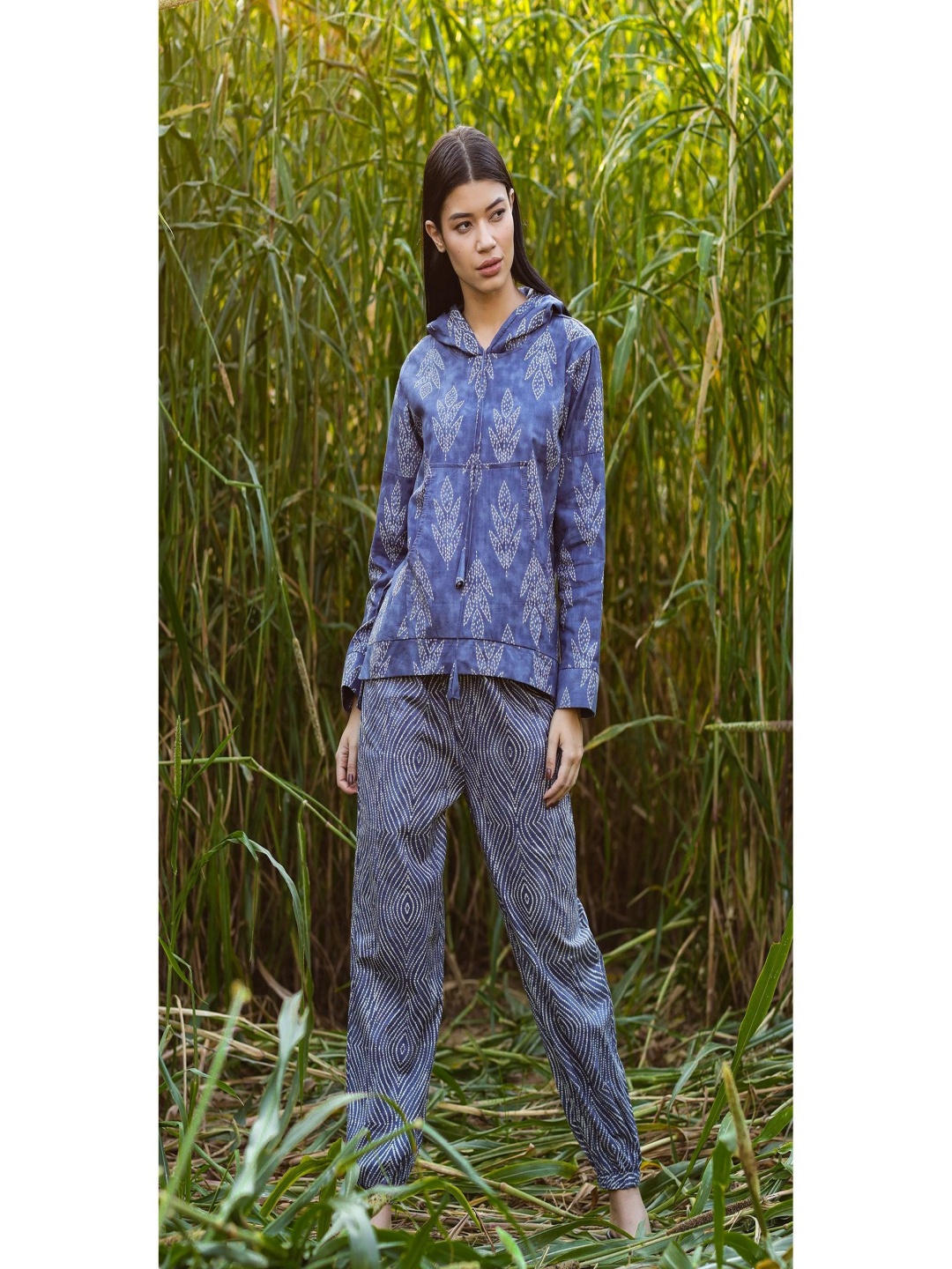 

JISORA Printed Hooded Pure Cotton Co-ord Set, Blue