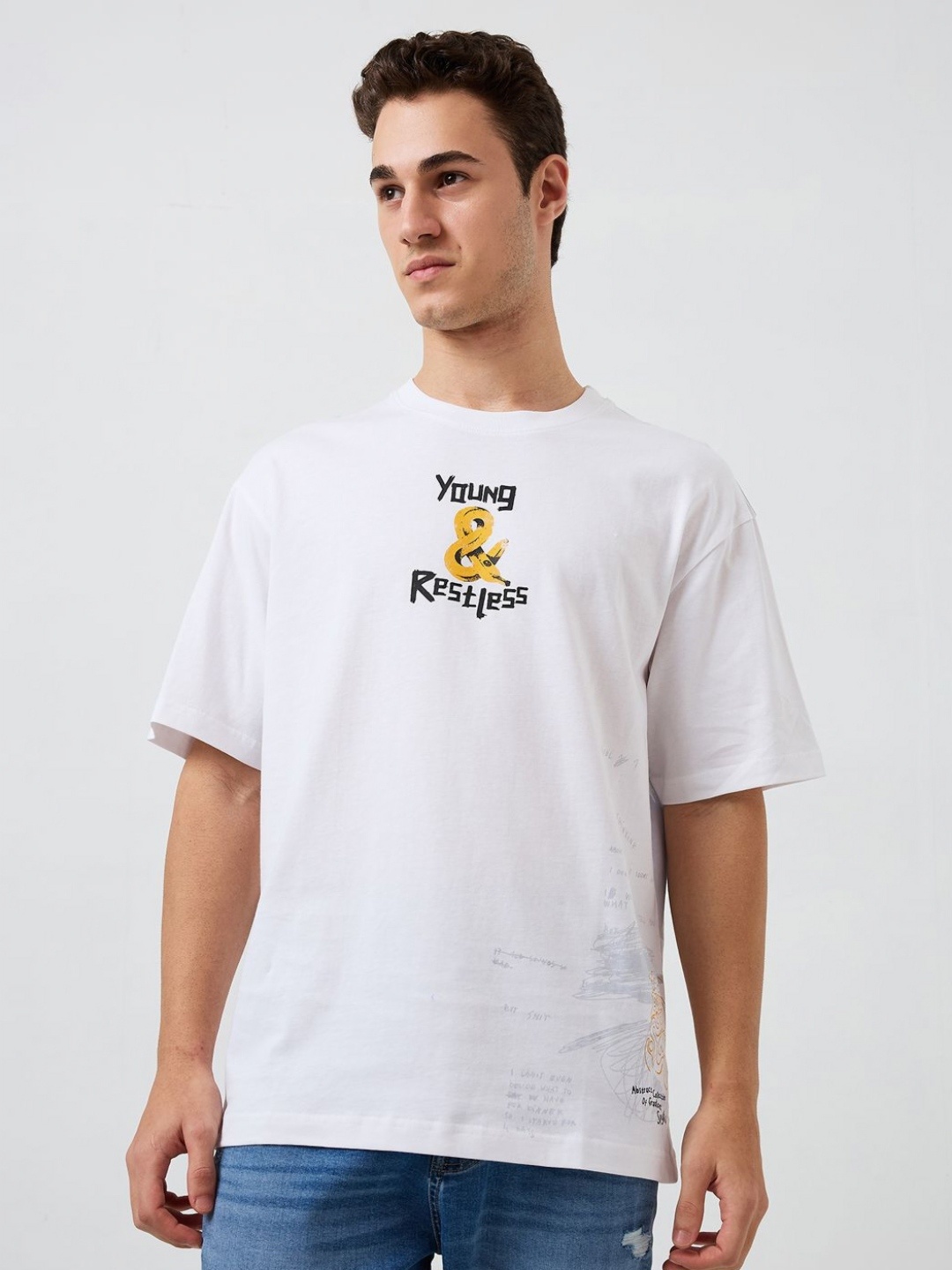 

SPYKAR Men Graphic Printed Round Neck Cotton Relaxed Fit T-shirt, White