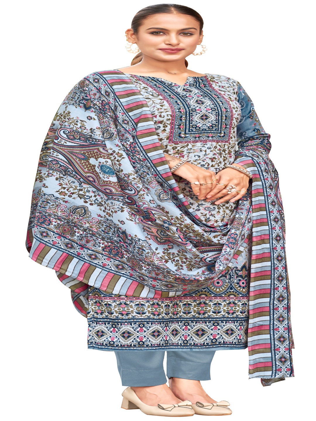 

DRAVINAM Trends Floral Printed Pashmina Unstitched Dress Material, Grey