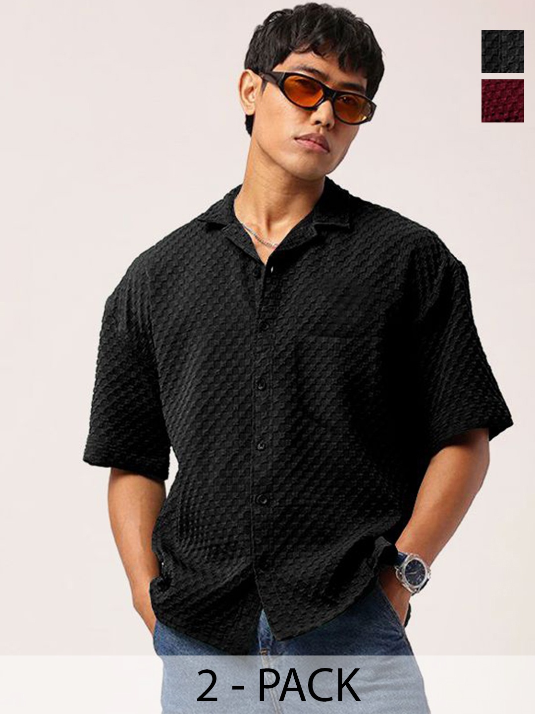

SZN Men Pack Of 2 Standard Relaxed Fit Cuban Collar Textured Casual Shirts, Black