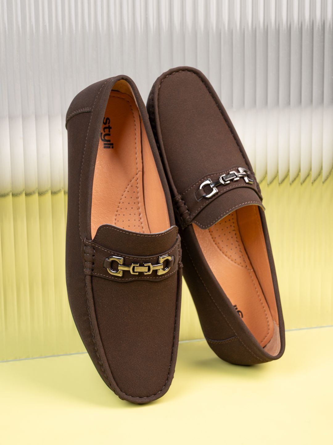 

Styli Men Faux Suede Loafers with Buckle Detail, Brown