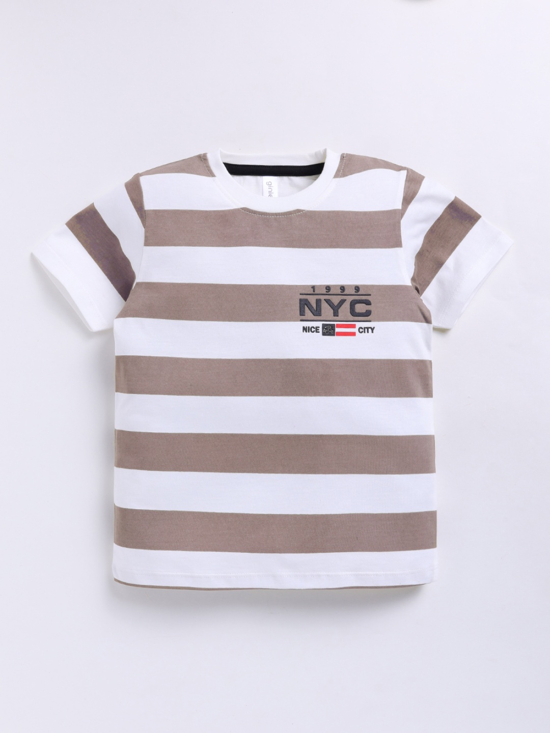 

Ginie Boys Typography & All Over Stripe Printed Breathable Tshirt, Off white