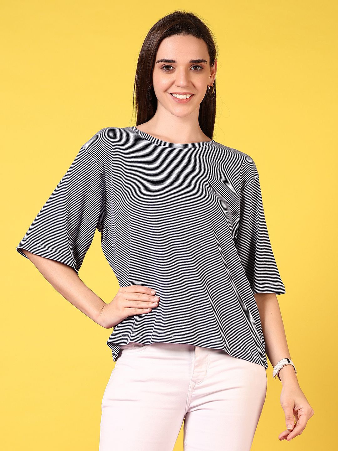 

V-Mart Women Striped Round Neck Cotton Relaxed Fit T-shirt, Navy blue