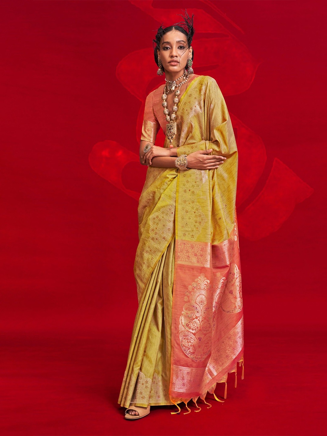 

MySilkLove Ethnic Motifs Woven Design Zari Tussar Saree, Yellow