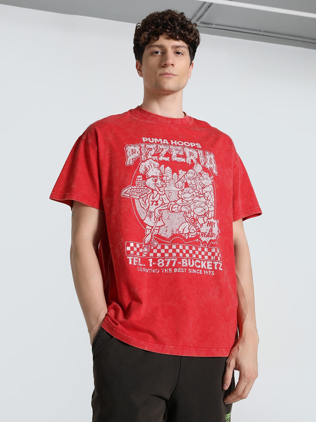 

PUMA Hoops Men Graphic Printed Round Neck Cotton Relaxed Fit T-shirt, Red