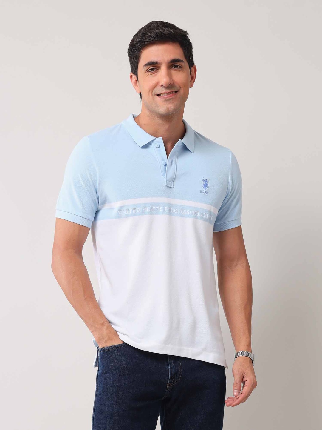 

U.S. Polo Assn. Men Typography Printed Polo Collar Cotton Slim Fit T-shirt, Blue