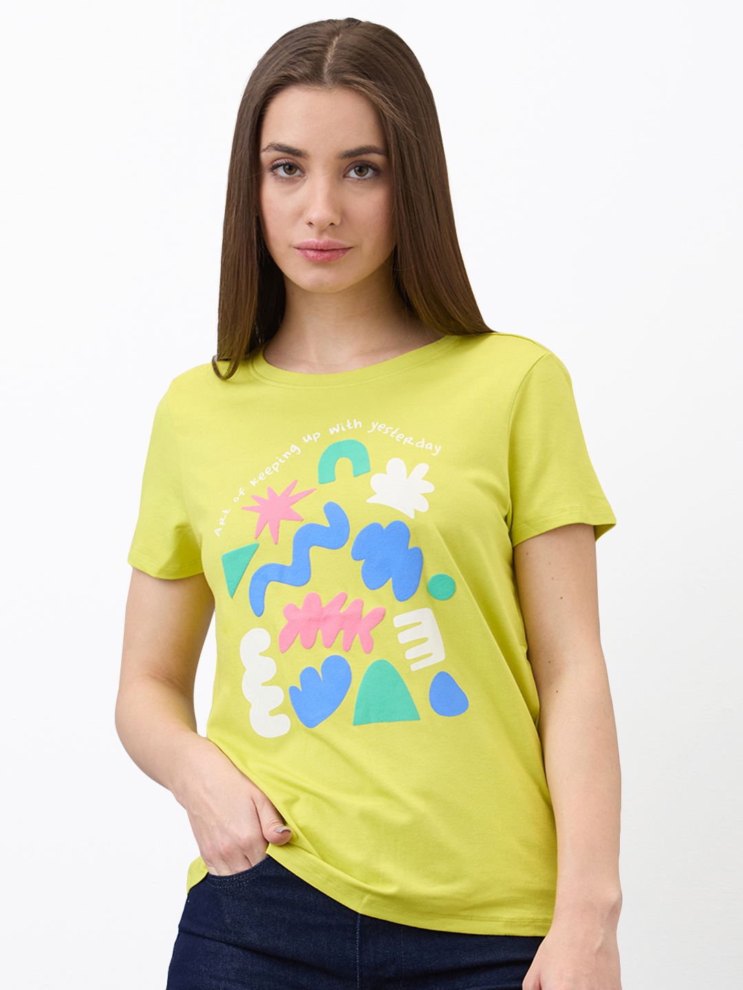 

SPYKAR Women Regular Fit Graphic Printed Round Neck Cotton T-shirt, Green