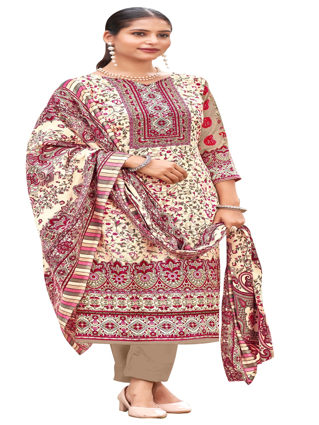 

DRAVINAM Trends Floral Printed Unstitched Dress Material, Beige