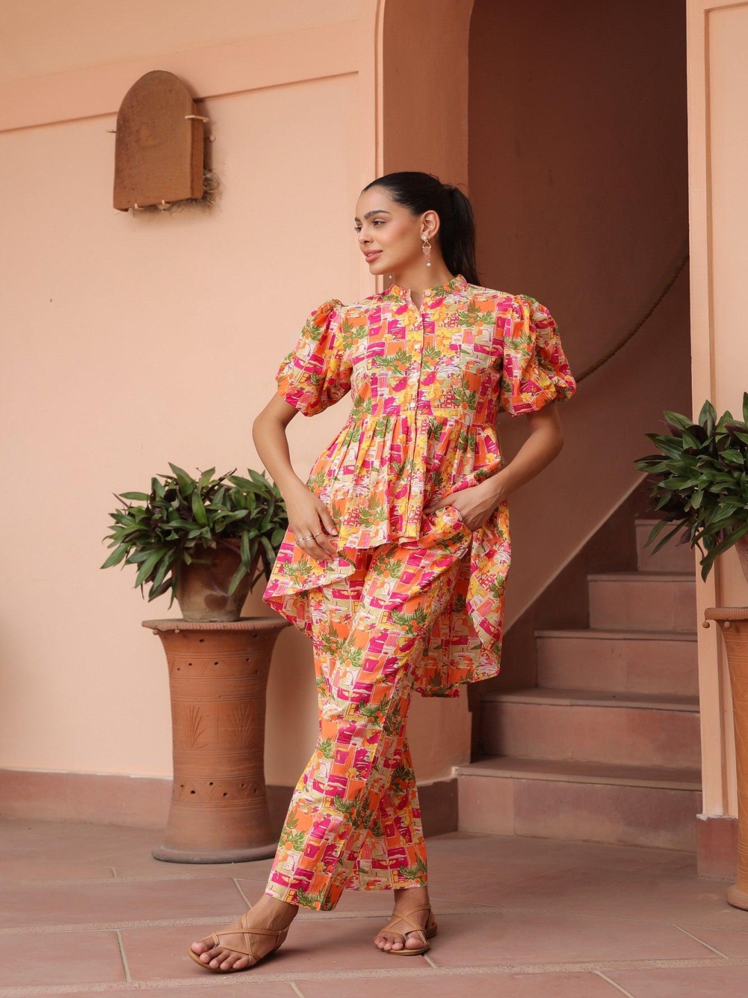 

JISORA Printed Mandarin Collar Pure Cotton Co-Ords Set, Pink