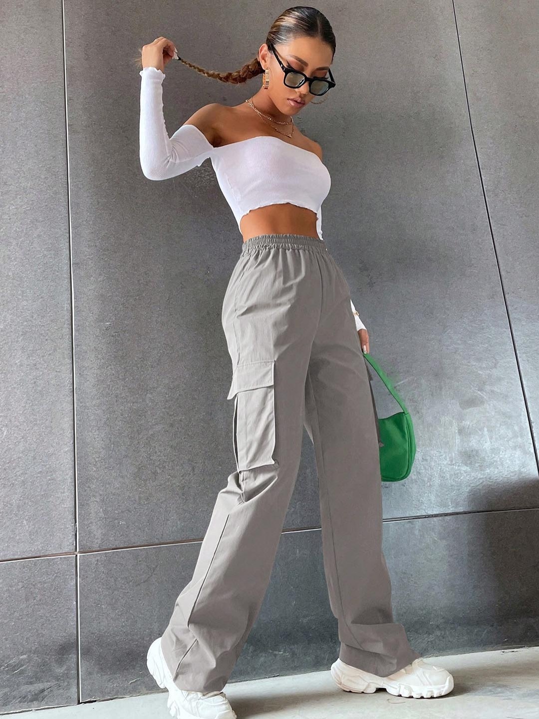 

SHINE N SHOW Women Relaxed High-Rise Wrinkle Free Cargos Trousers, Silver