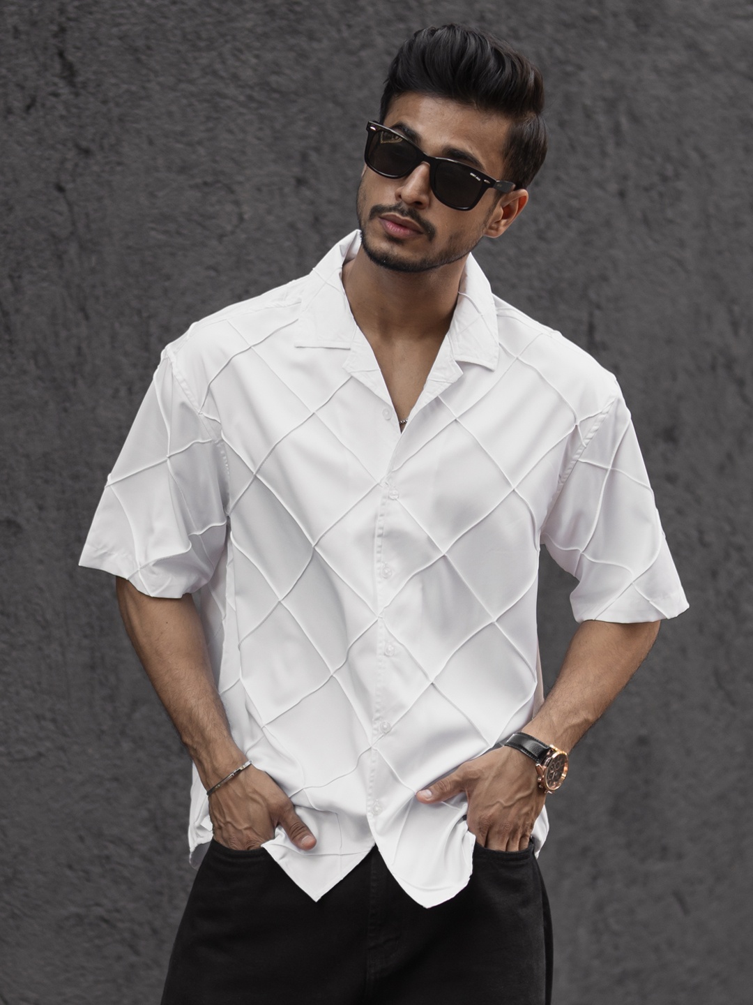 

Powerlook Men Oversized Fit Button-Down Collar Textured Casual Shirt, White