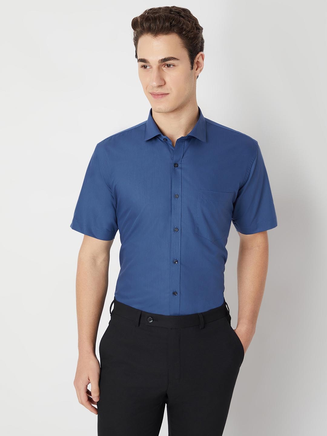 

MARK & ALBERT Men India Slim Fit Spread Collar Solid Cotton Formal Shirt, Navy blue