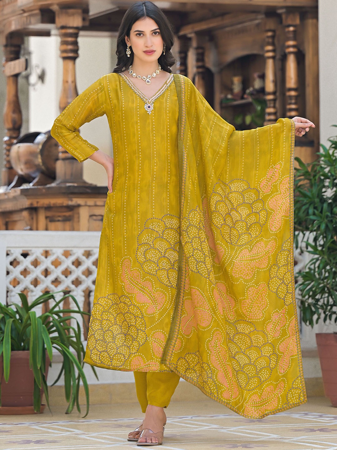 

Anouk Mustard Floral Printed Beads & Stones V-Neck Straight Kurta With Trousers & Dupatta