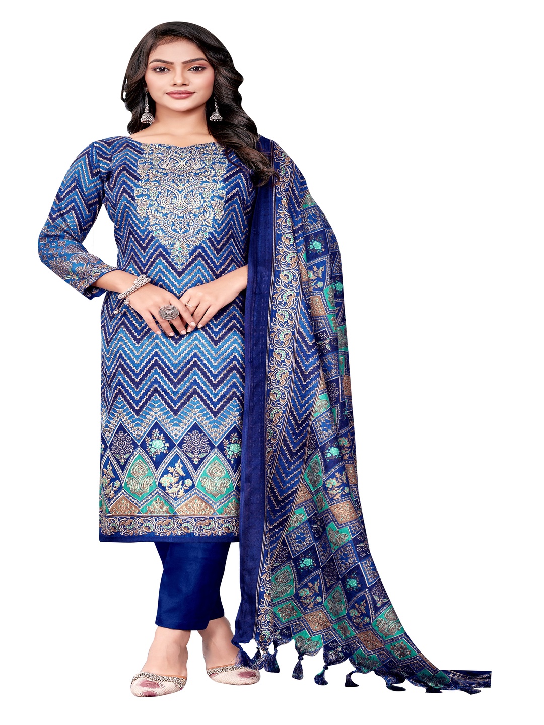 

DRAVINAM Trends Chevron Embroidered Unstitched Dress Material, Blue