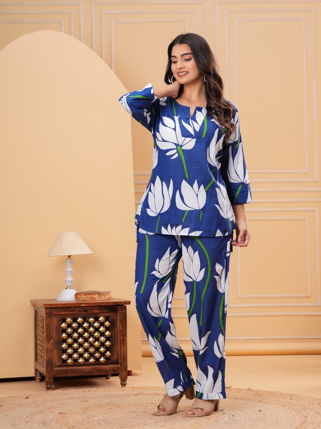 

Pingaksh Floral Printed Pure Cotton Top & Trouser Co-Ord Set, Blue