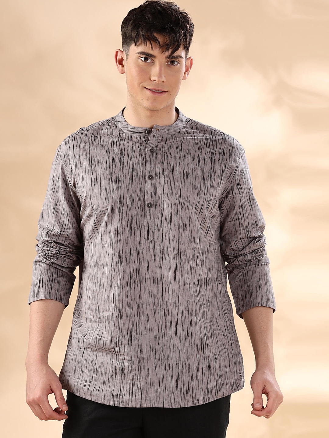 

Anouk Grey & Black Abstract Printed Band Collar Pure Cotton Straight Short Kurta