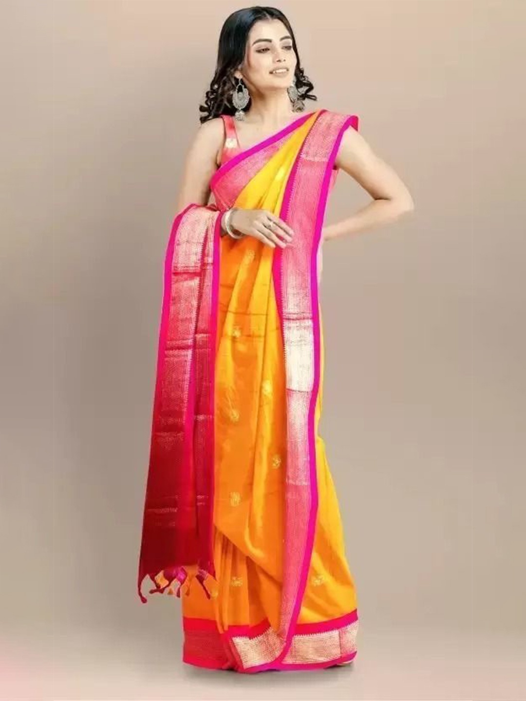 

bansari textiles Woven Design Zari Paithani Saree, Yellow