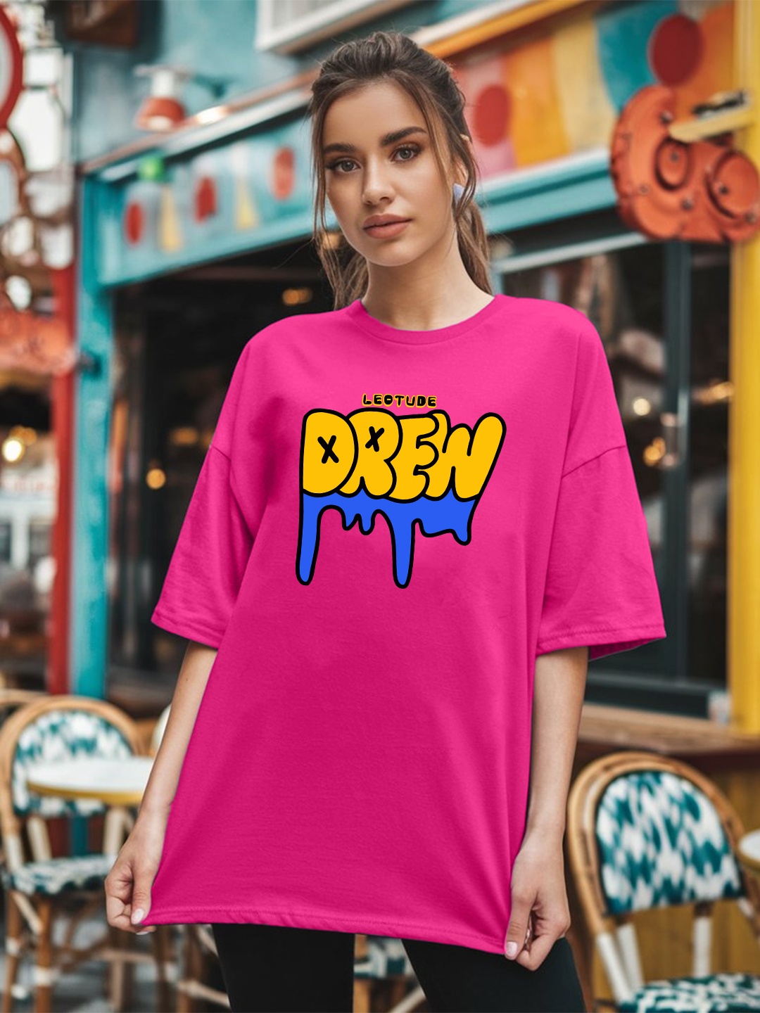 

Leotude Women Typography Printed Round Neck Cotton Oversized T-shirt, Pink