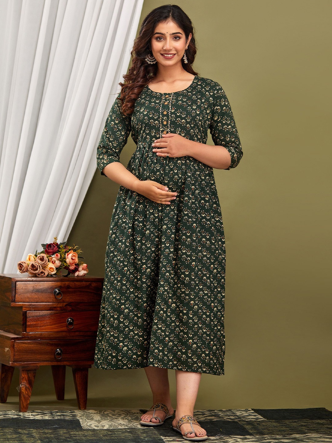 

FEMARY Floral Printed Cotton Maternity Fit and Flare Midi Dress, Green