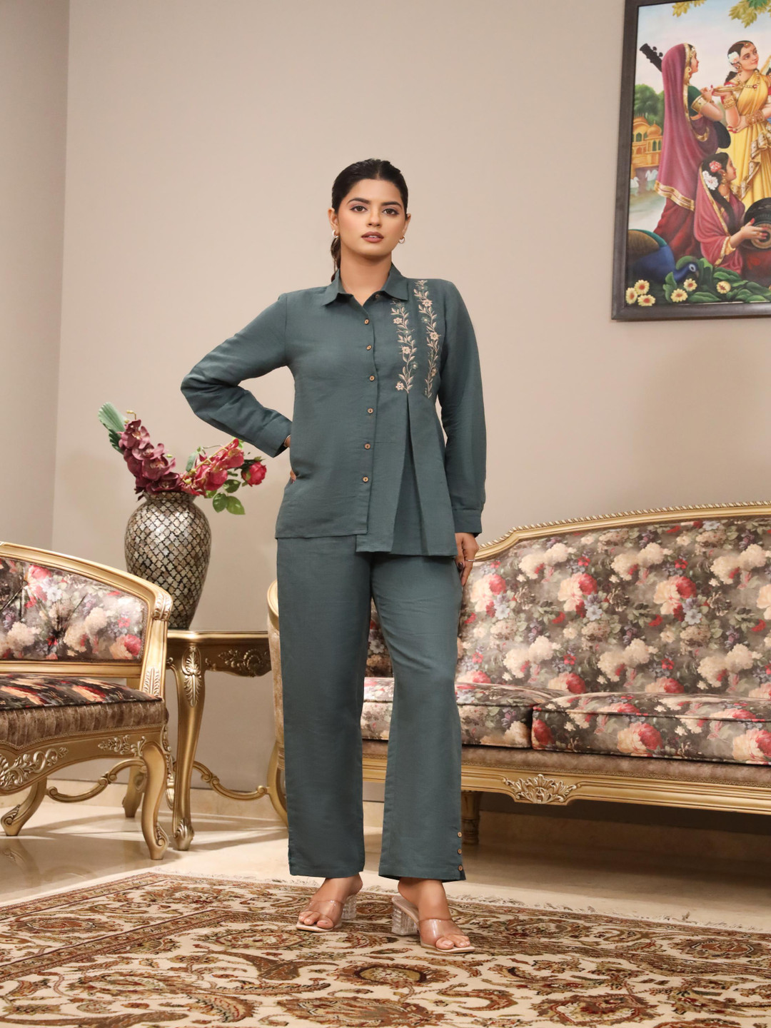 

CRAFTED FOR YOU Embroidered Shirt Collar Pure Cotton Shirt With Trouser, Olive