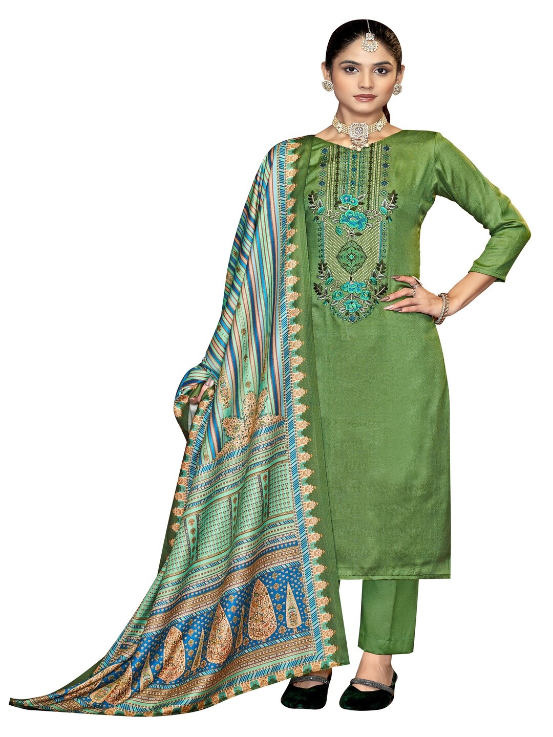 

DRAVINAM Trends Floral Embroidered Pashmina Unstitched Dress Material, Green