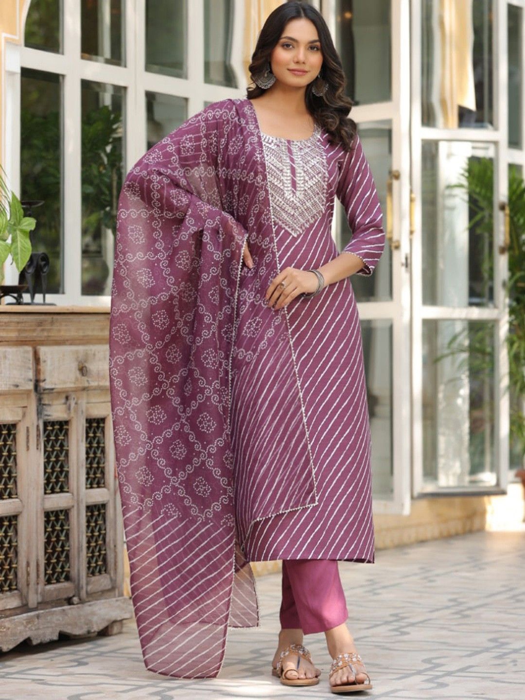 

DIVASTRI Embroidered Regular Kurta with Trousers & With Dupatta, Purple