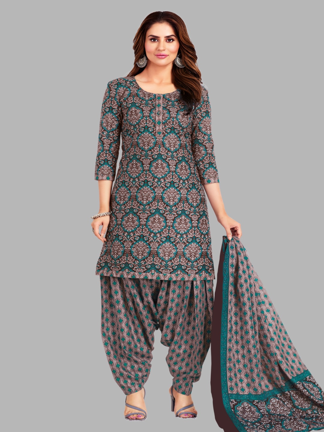 

Simmu Ethnic Motifs Printed Pure Cotton Unstitched Dress Material, Brown