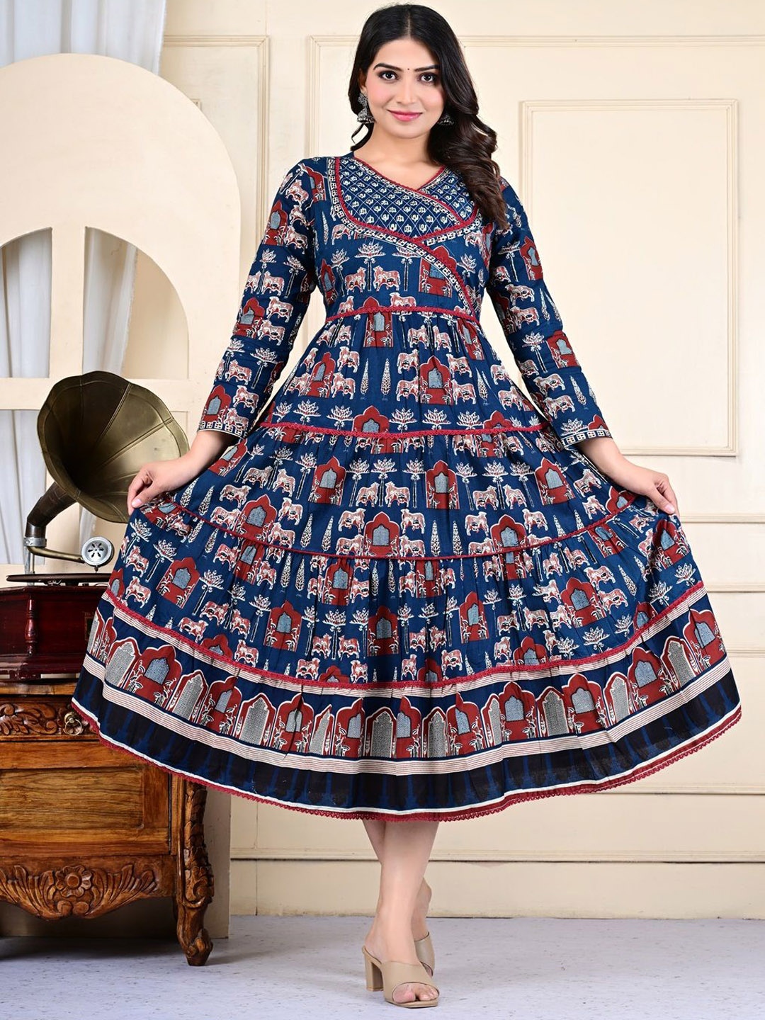 

Divsy Fashion Ethnic Motifs Printed V-Neck Pure Cotton Fit And Flare Ethnic Dress, Blue