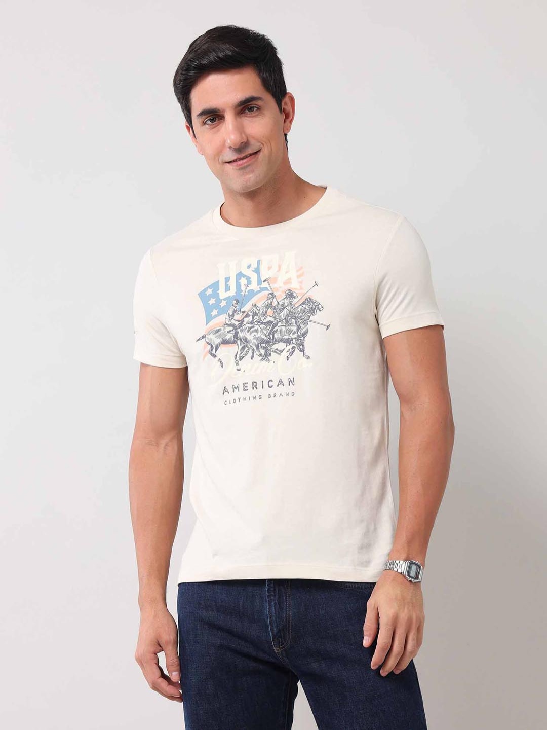 

U.S. Polo Assn. Denim Co. Men Graphic Printed Round Neck Cotton Slim Fit T-shirt, Beige
