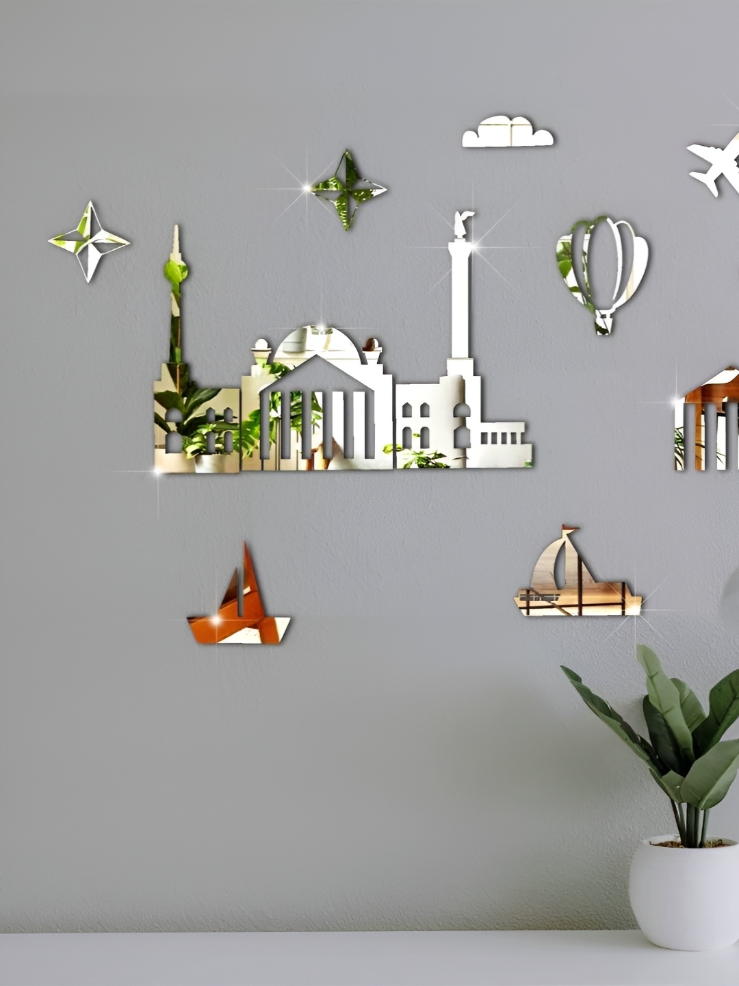 

VAH Kya Bat Hai !! Silver Toned 14 Pieces Acrylic Mirror Wall Stickers