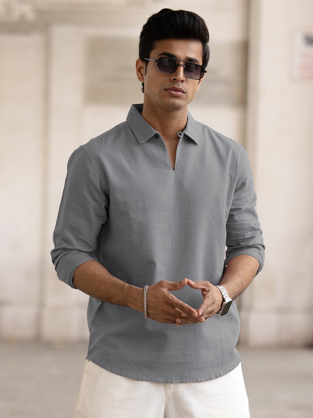 

Powerlook Men Regular Fit Spread Collar Solid Cotton Casual Shirt, Grey