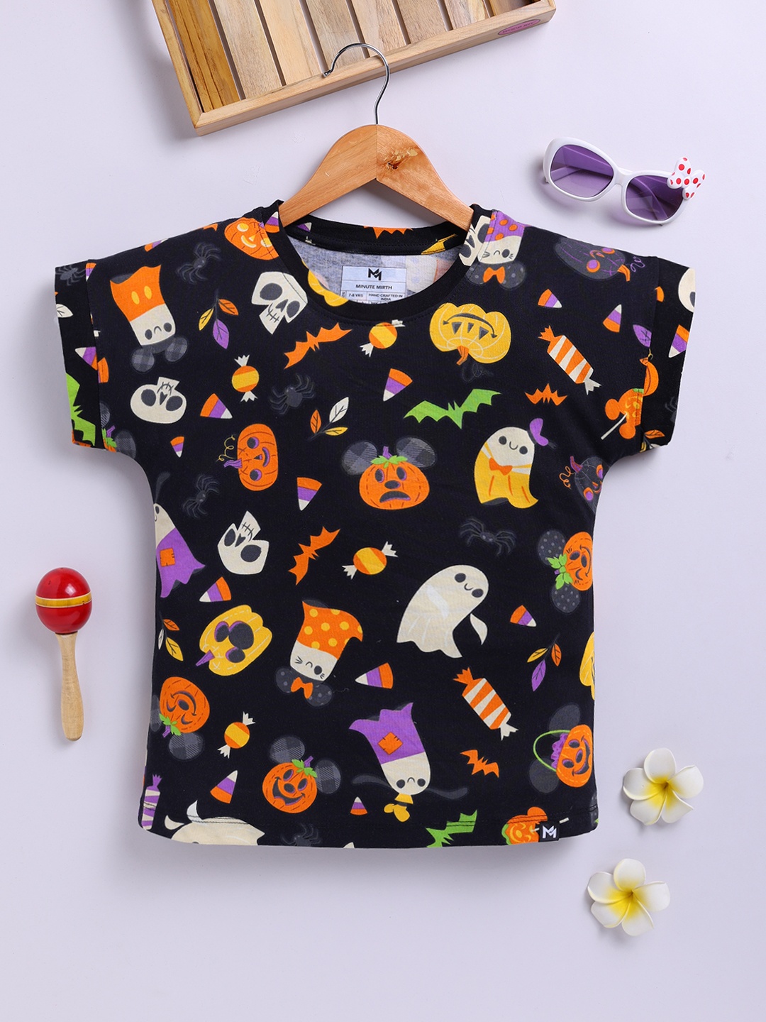 

YK X Minute Mirth Girls Printed Extended Sleeves Cotton Top, Black