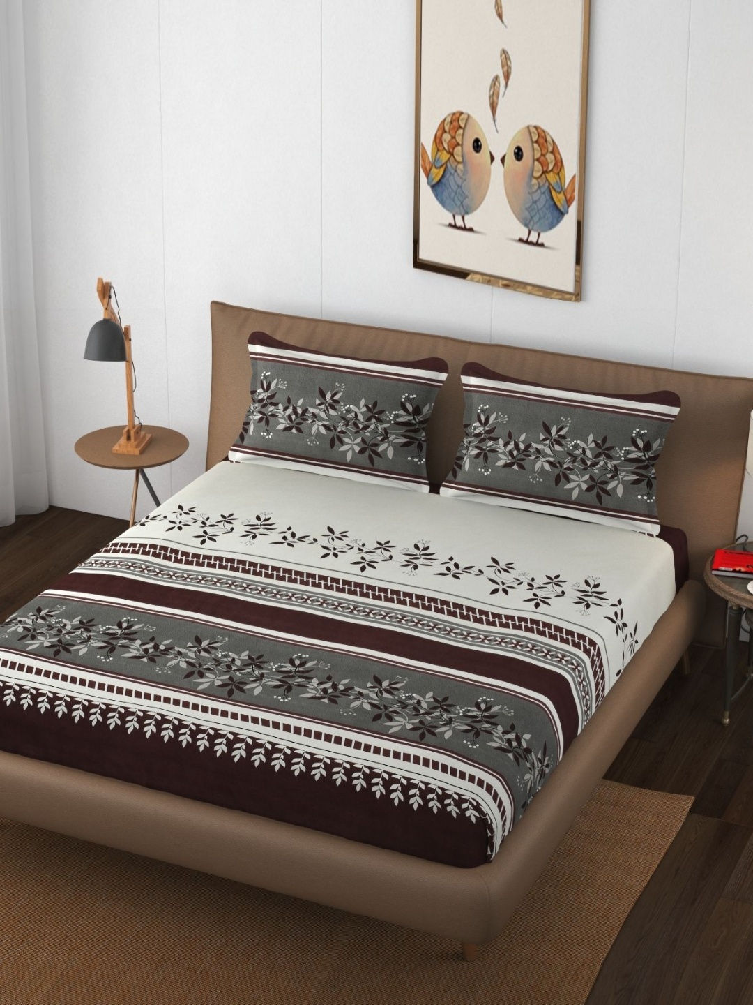 

THE little BIG STORE Grey Floral Printed 260 TC Fitted King Bedsheet Set-1.8 m x 1.9 m