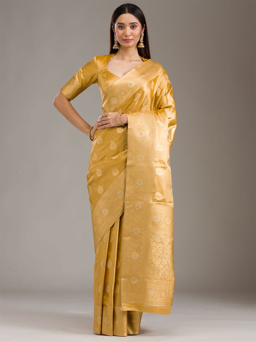 

Koskii Ethnic Motifs Woven Design Zari Tissue Saree, Yellow