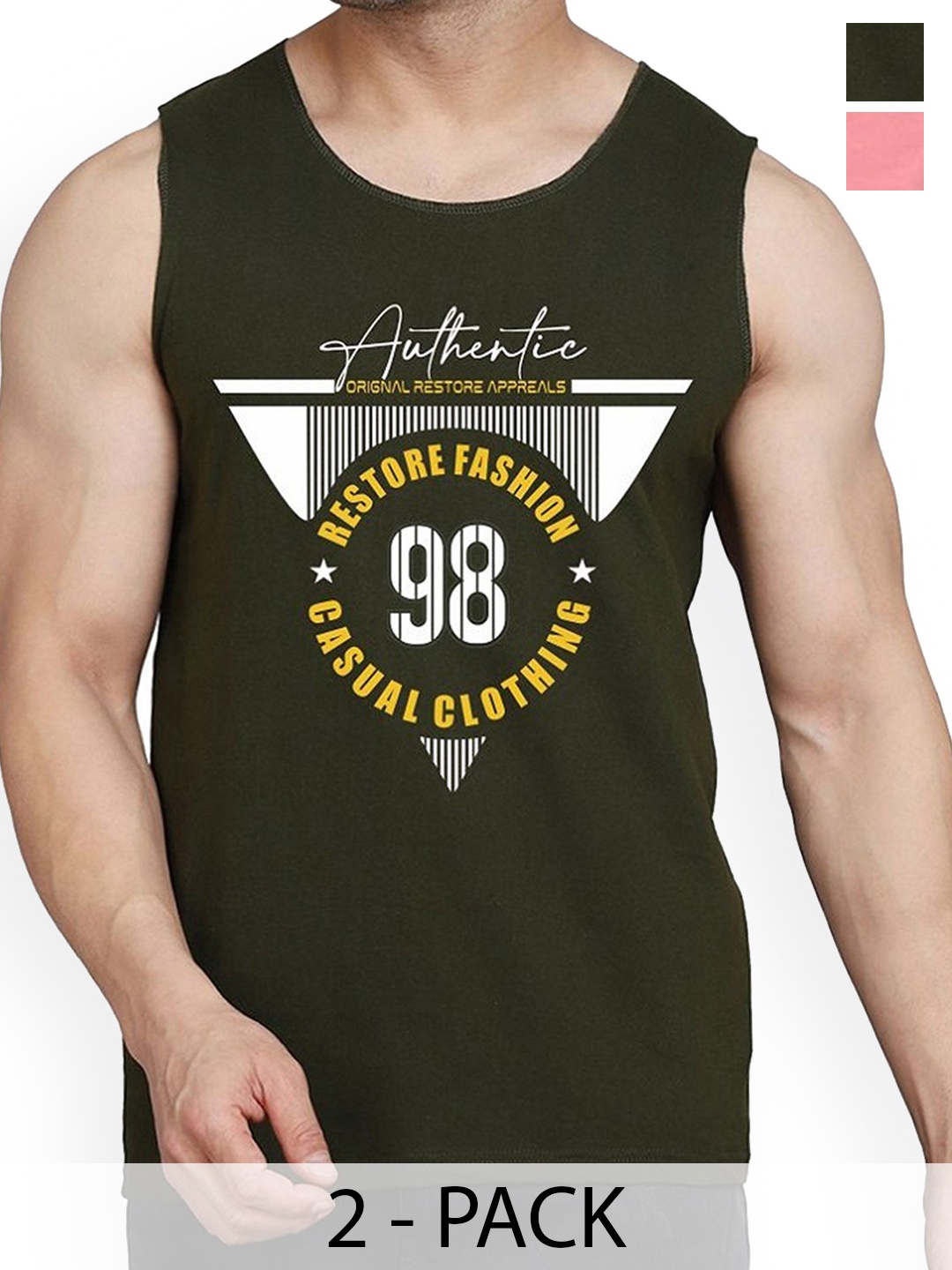 

WOOSTRO Pack Of 2 Printed Combed Cotton Gym Vest, Olive